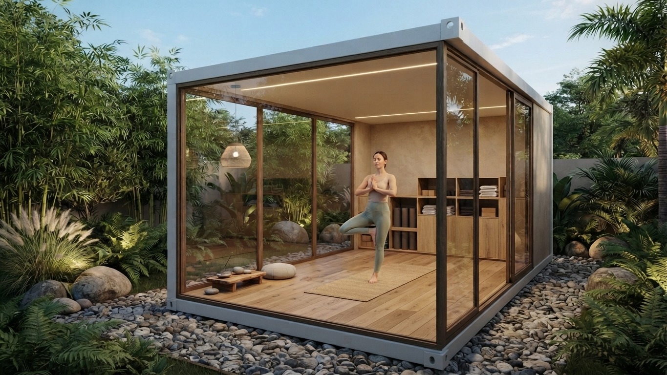 Estúdio modular envidraçado para yoga em um jardim tropical