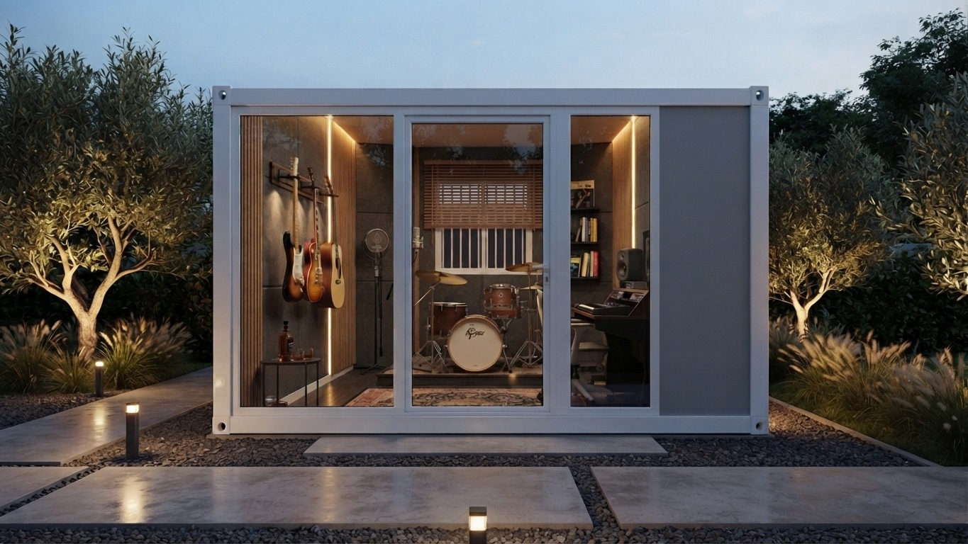 Estúdio modular de música iluminado à noite