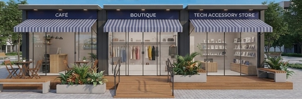 Conjunto modular com café, boutique e loja de acessórios