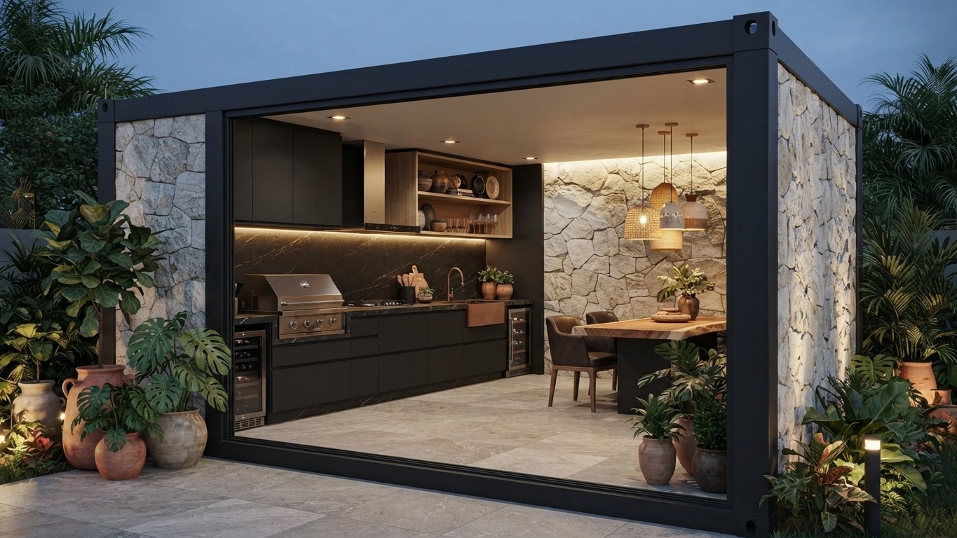 Espaço gourmet modular com cozinha completa, mesa de jantar e acabamento em pedra