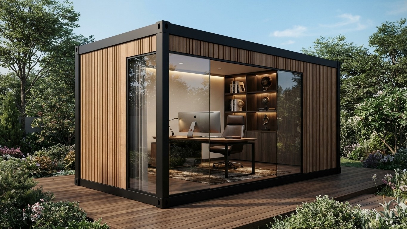 Escritório modular com fachada envidraçada e acabamento ripado em meio a um jardim
