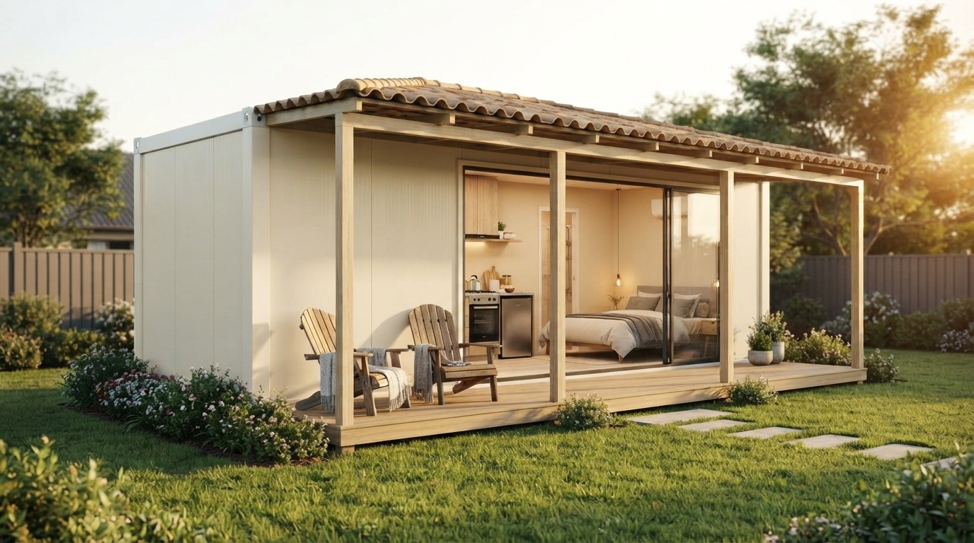 Suíte modular compacta com varanda de madeira em um jardim
