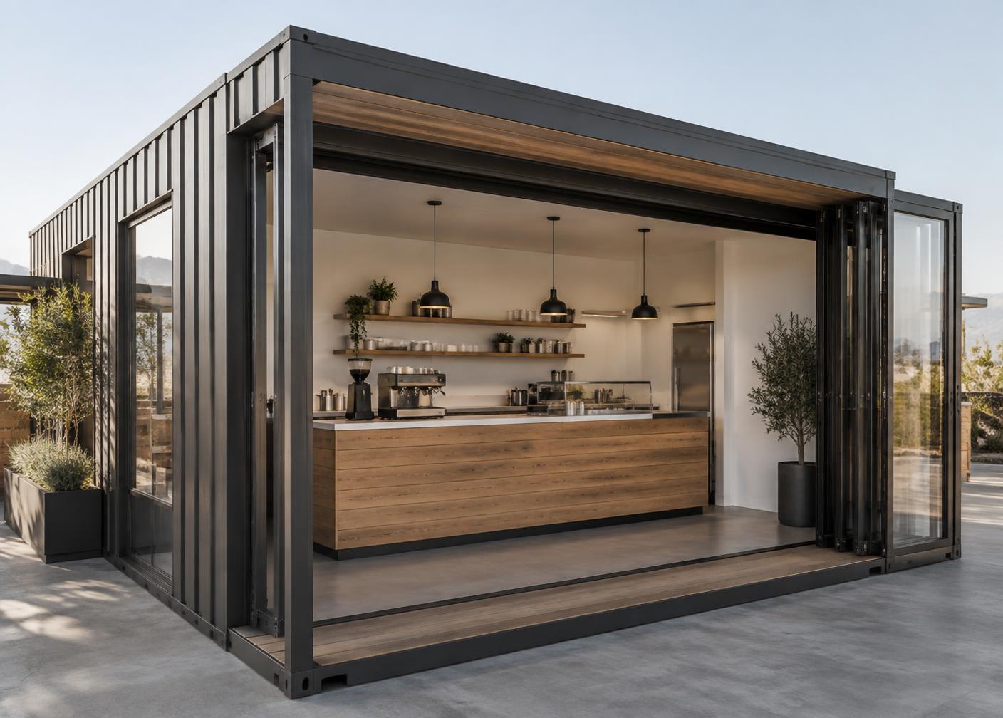 Unidade comercial modular aberta, com estrutura metálica escura e balcão em madeira, imagem conceitual
