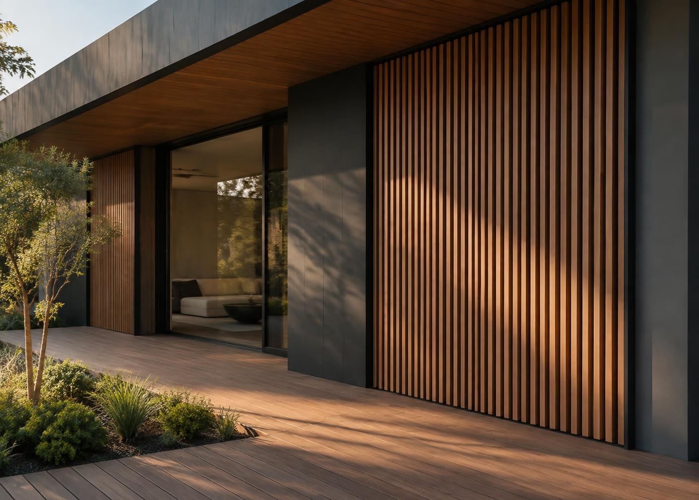 Deck externo e painéis ripados verticais integrados a uma fachada, imagem conceitual